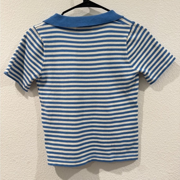 Oak + Fort Knit Blue White Striped Cropped Collared Short Sleeve Tee Size Small - Picture 8 of 14